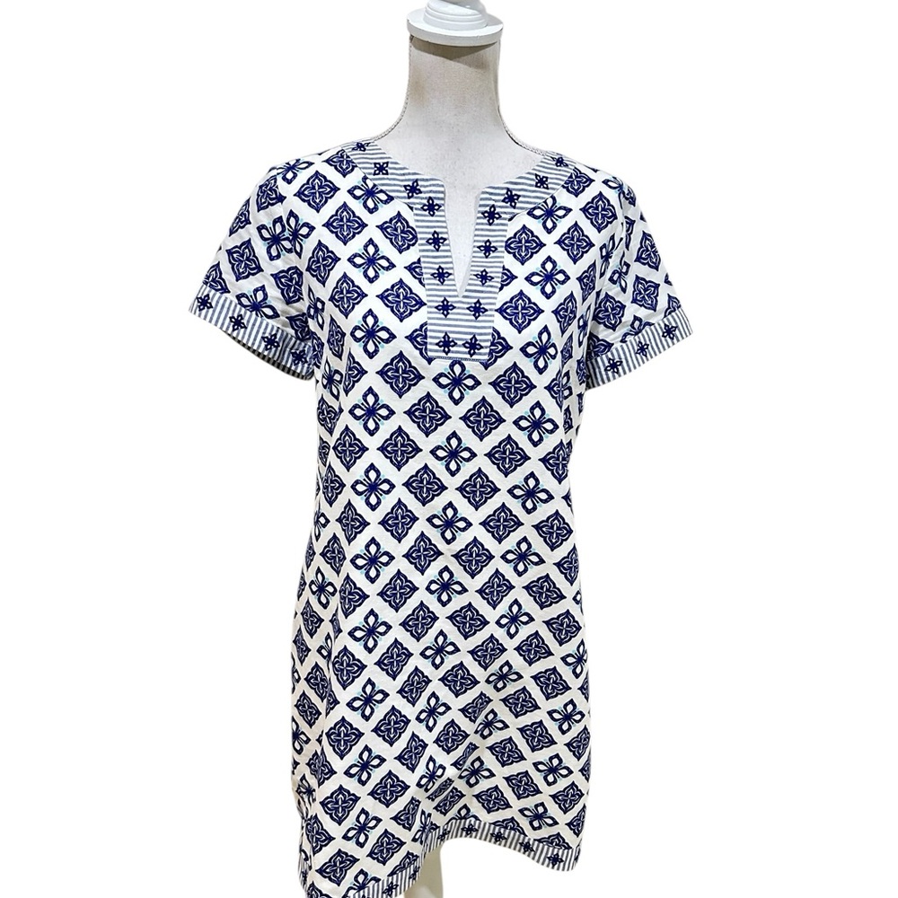 Vineyard Vines Navy and White Geo-Print Short Sleeve Mini Dress